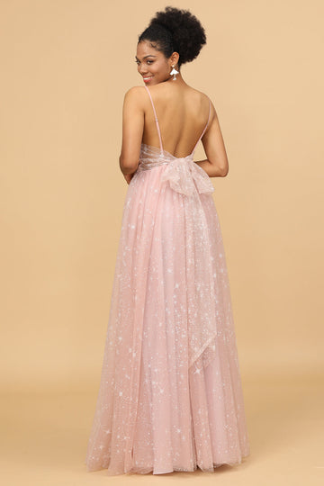 A Line Spaghetti Straps Blush Long Tulle Bridesmaid Dress